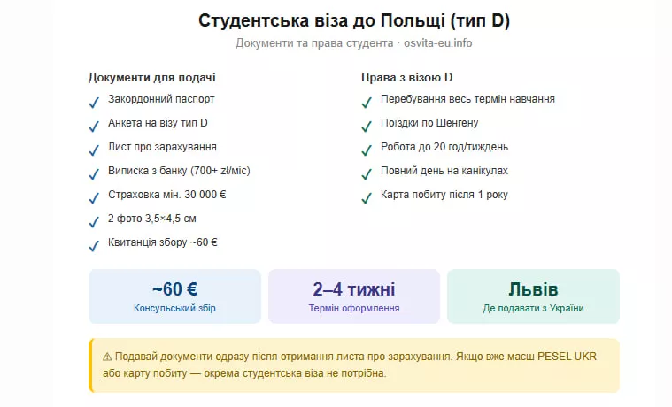 Студентська віза до Польщі для українців: документи, терміни, де подавати