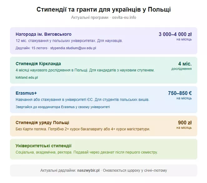 Стипендії та гранти для українців у Польщі: актуальні програми